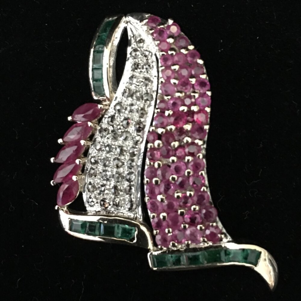 Diamond Ruby Emerald Pendant Sailboat Design Vintage